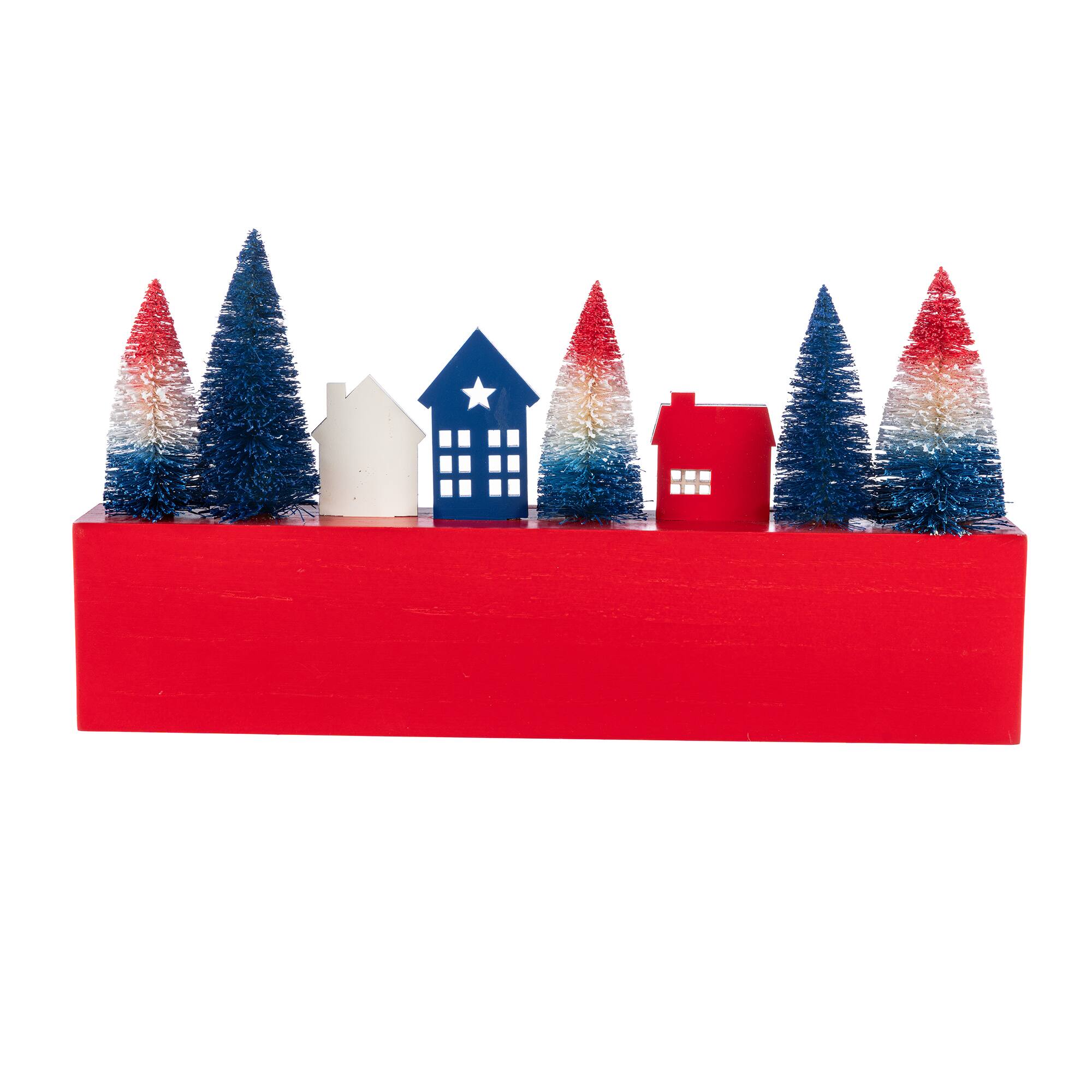 Glitzhome® 14" Patriotic Americana Wooden House & Brush Trees Table Decor